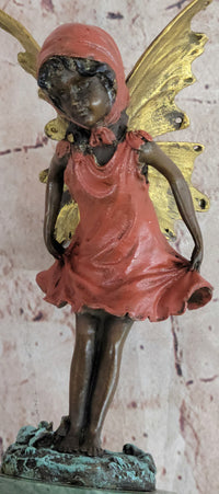 Bronze Figure of Young Fairy Angel Girl on Green Marble Base
