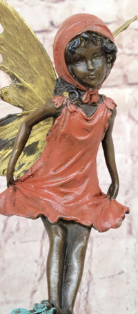 Bronze Figure of Young Fairy Angel Girl on Green Marble Base