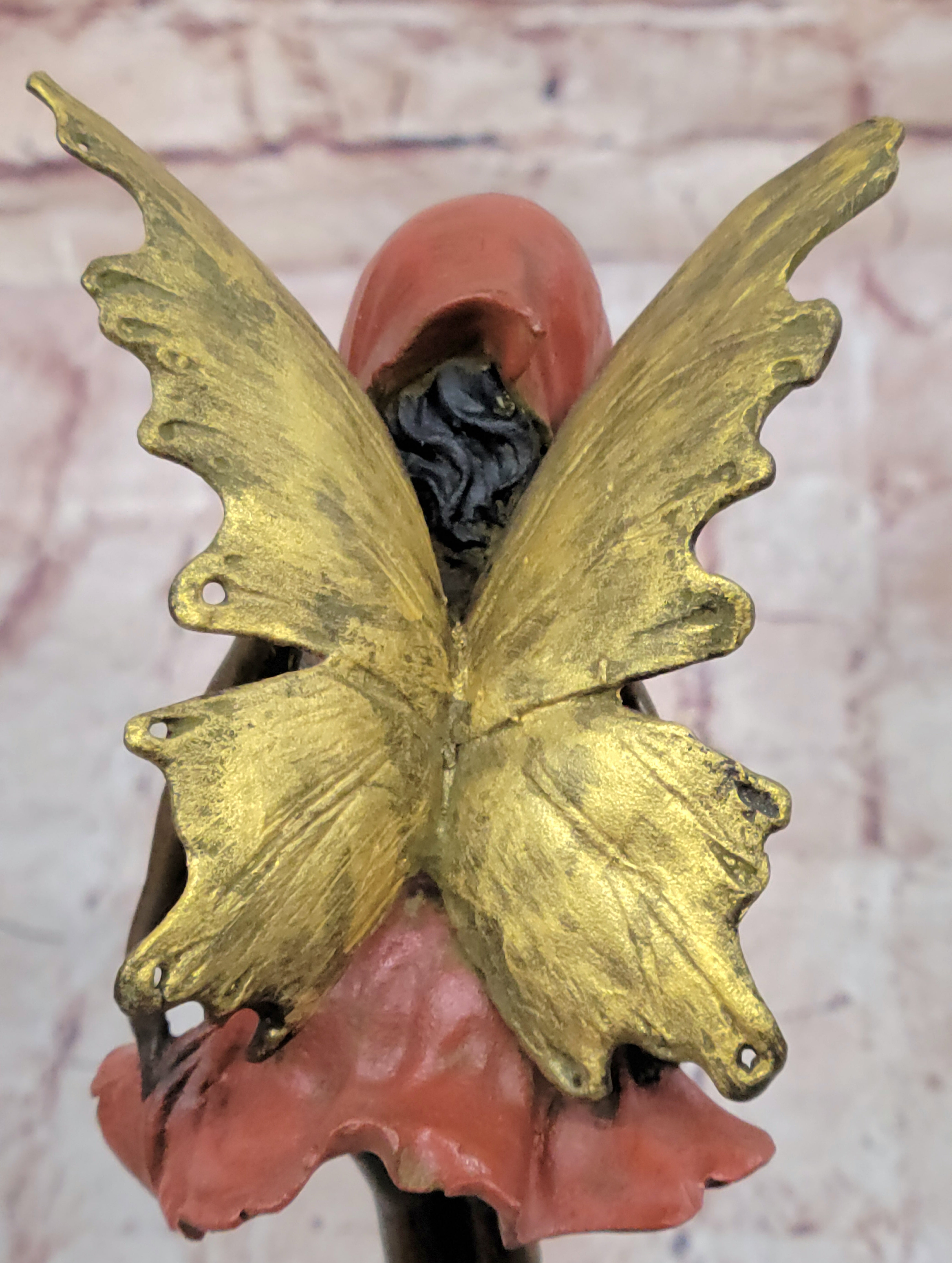 Bronze Figure of Young Fairy Angel Girl on Green Marble Base