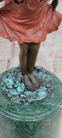 Bronze Figure of Young Fairy Angel Girl on Green Marble Base