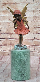 Bronze Figure of Young Fairy Angel Girl on Green Marble Base
