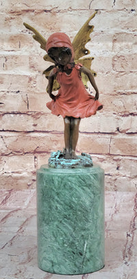 Bronze Figure of Young Fairy Angel Girl on Green Marble Base