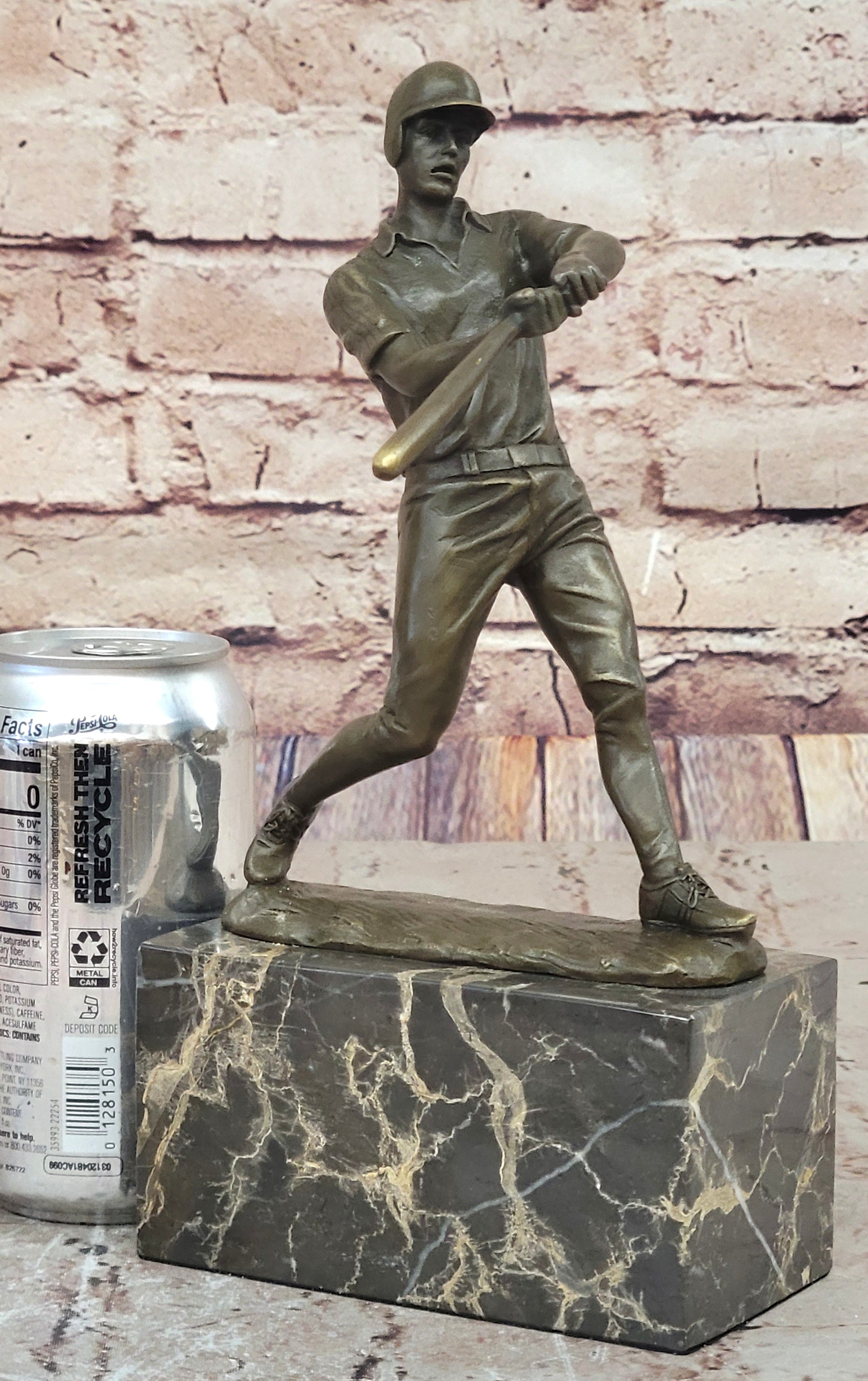 Baseball Player Bronze Metal Sculpture on Marble Base