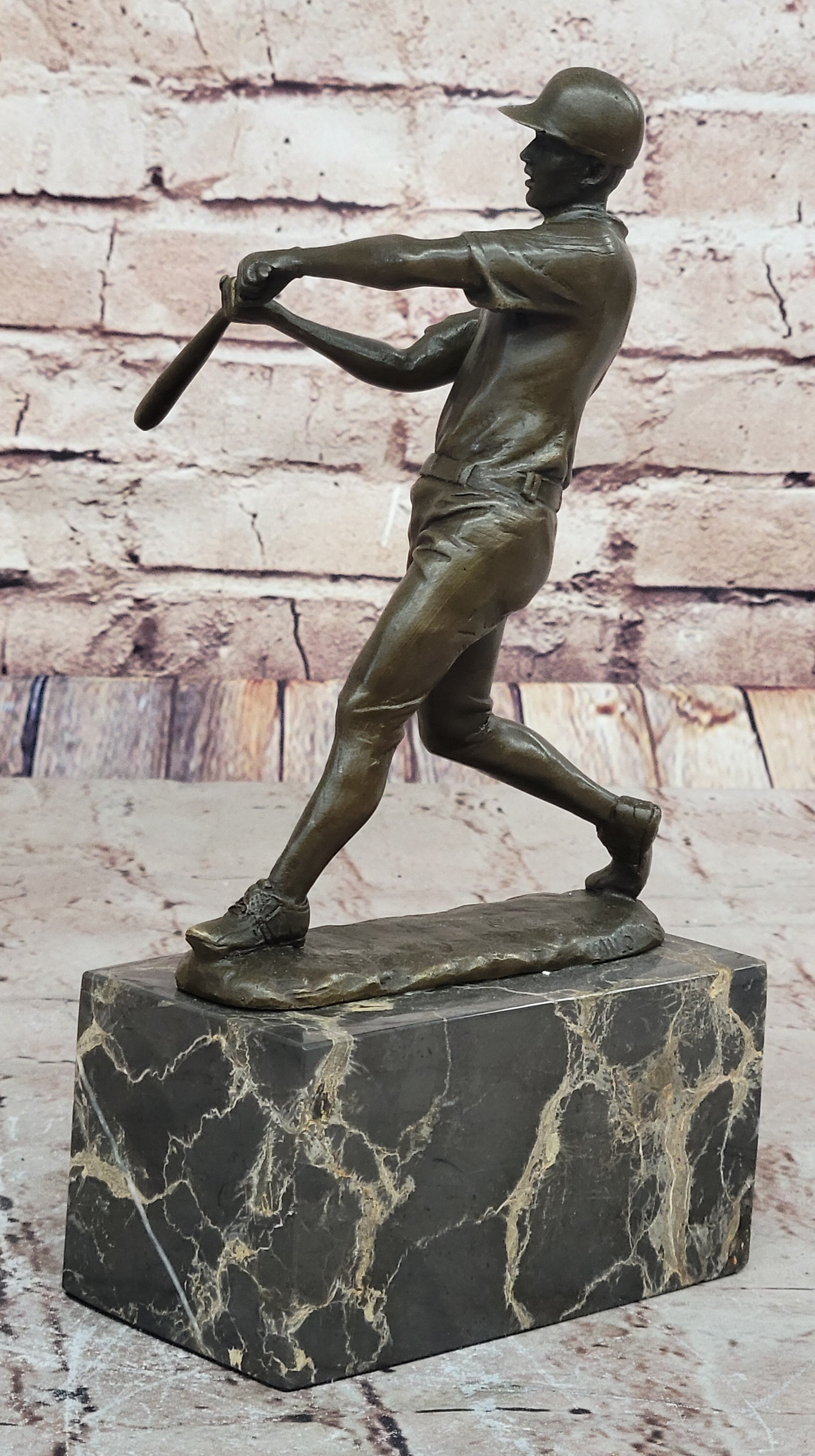 Baseball Player Bronze Metal Sculpture on Marble Base