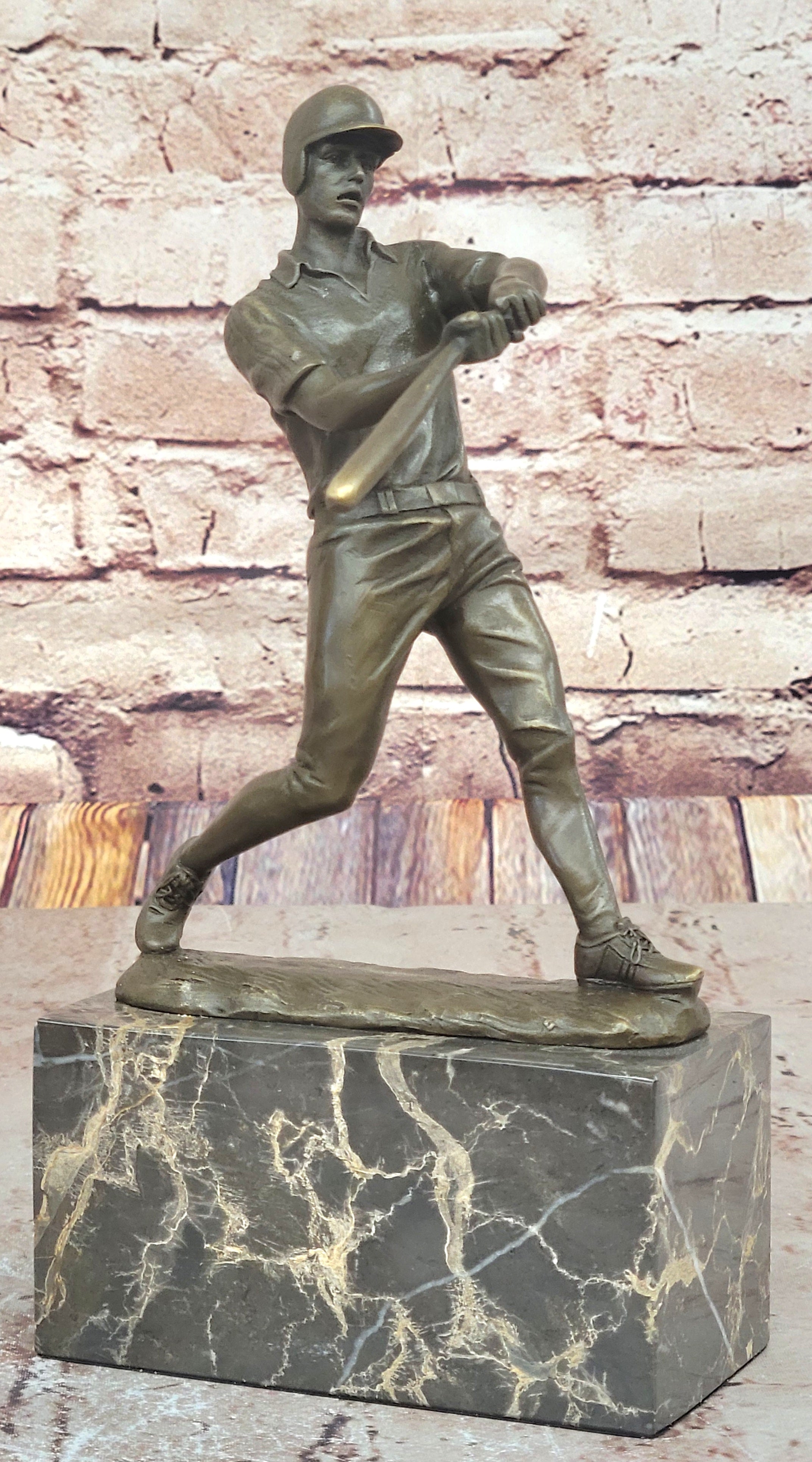 Baseball Player Bronze Metal Sculpture on Marble Base