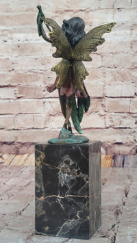 Bronze Fairy Holding Leaf Marble Base by Artist Milo