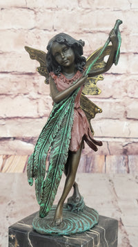 Hot Cast Bronze Fairy Little Girl Angel Figure on Marble Base