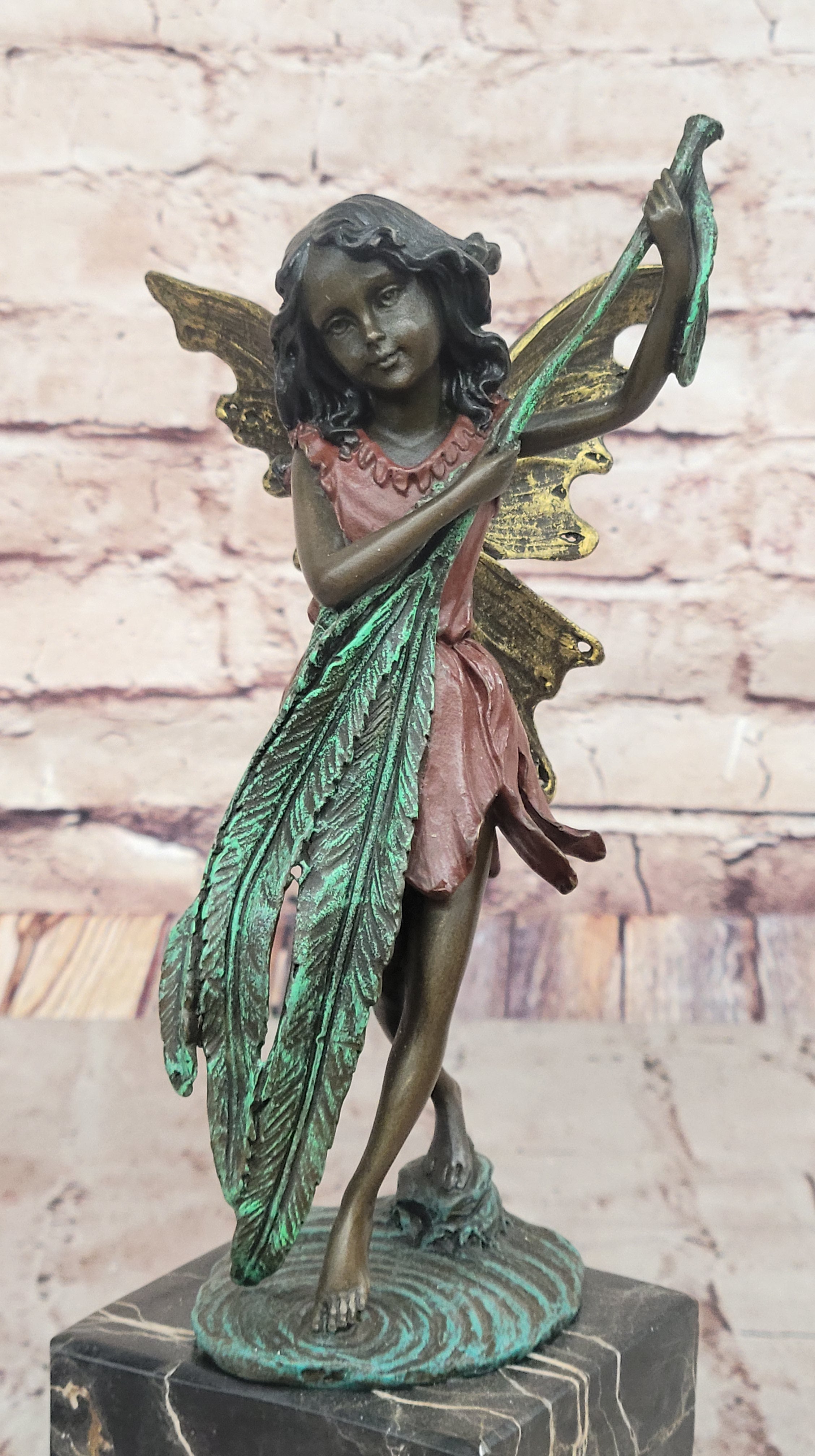 Bronze Fairy Holding Leaf Marble Base by Artist Milo