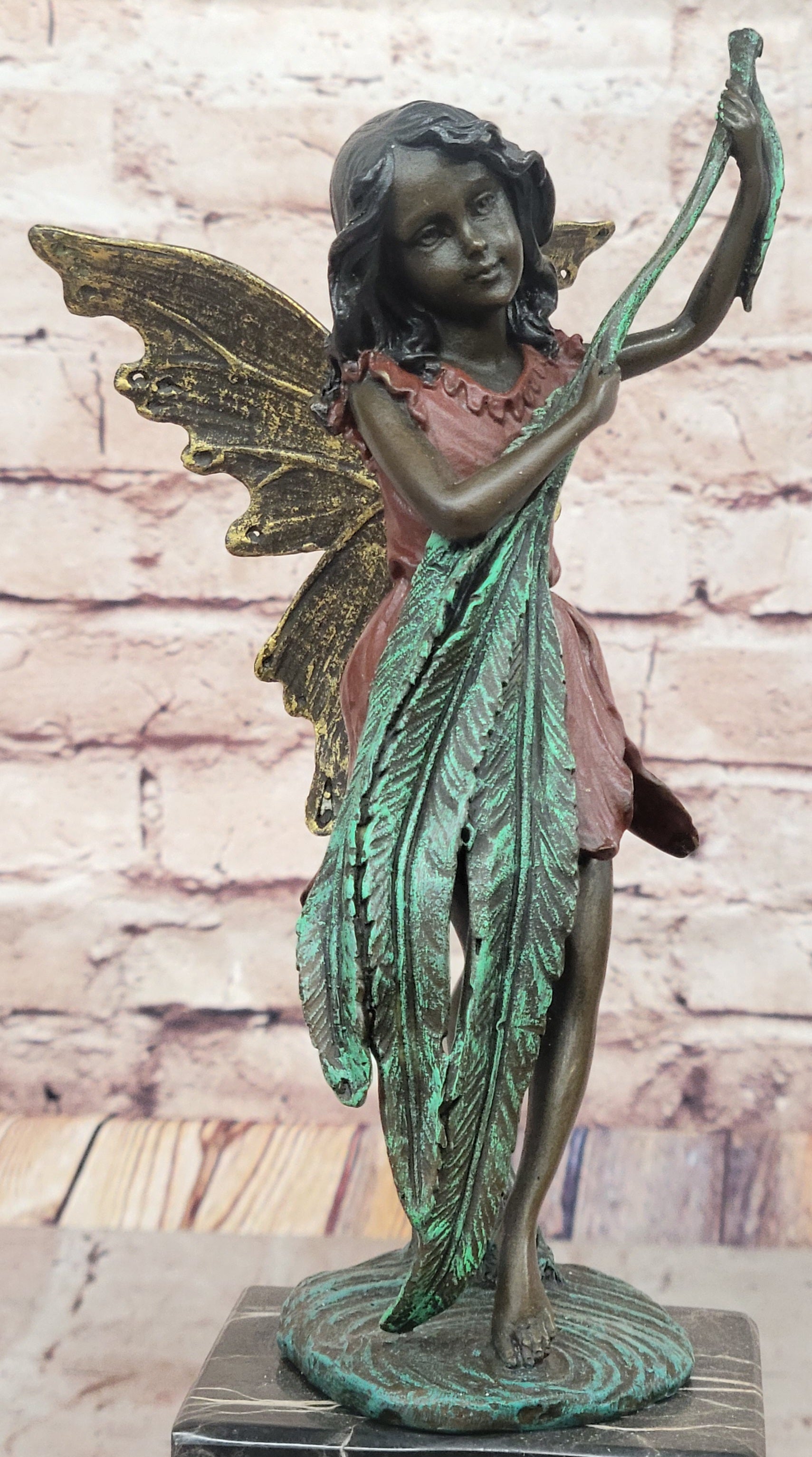 Bronze Fairy Holding Leaf Marble Base by Artist Milo