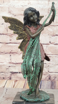Bronze Fairy Holding Leaf Marble Base by Artist Milo