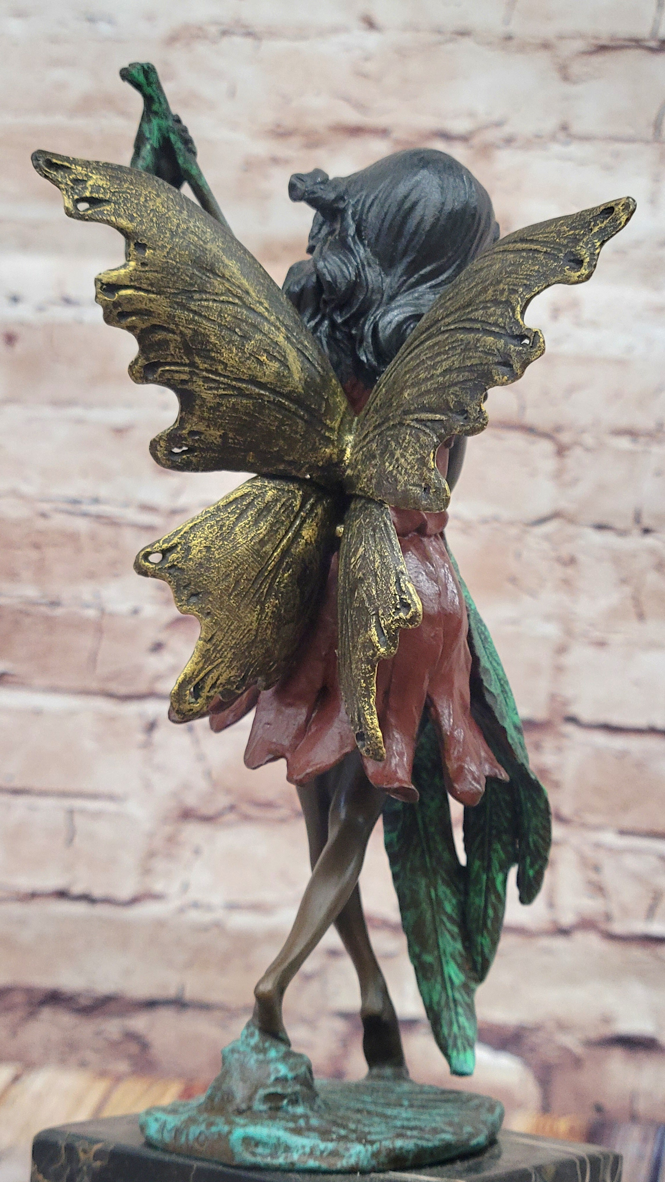 Bronze Fairy Holding Leaf Marble Base by Artist Milo