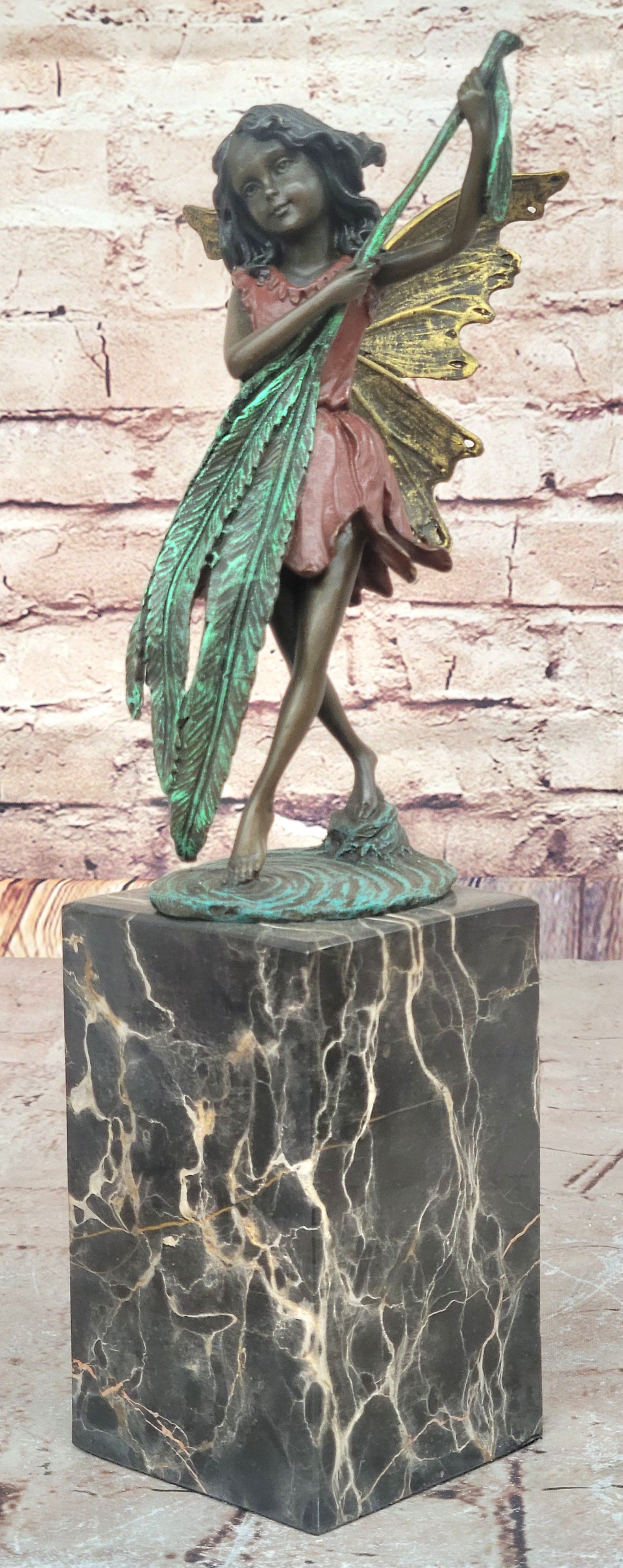 Bronze Fairy Holding Leaf Marble Base by Artist Milo