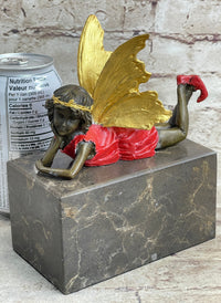 Colorful Resting Fairy Girl Bronze Metal Sculpture on Marble Base