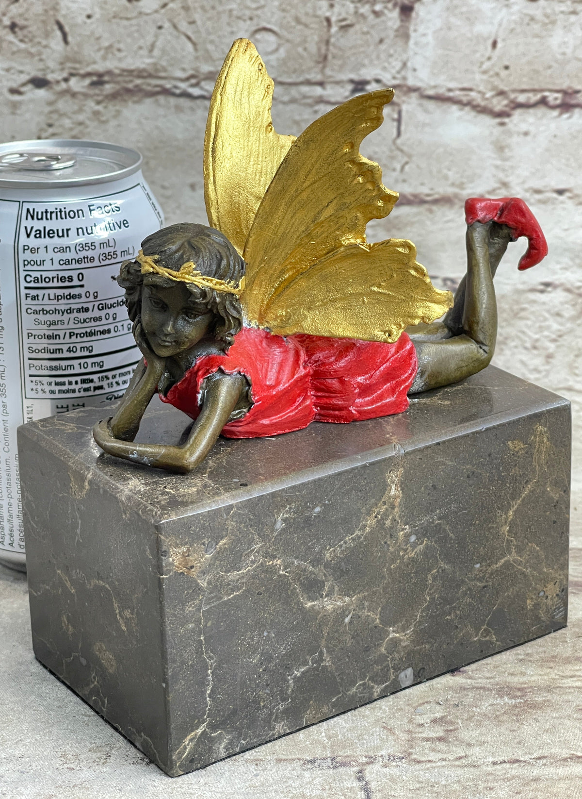 Colorful Resting Fairy Girl Bronze Metal Sculpture on Marble Base