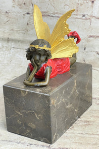 Colorful Resting Fairy Girl Bronze Metal Sculpture on Marble Base