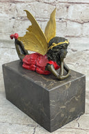Colorful Resting Fairy Girl Bronze Metal Sculpture on Marble Base