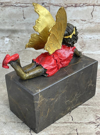 Colorful Resting Fairy Girl Bronze Metal Sculpture on Marble Base