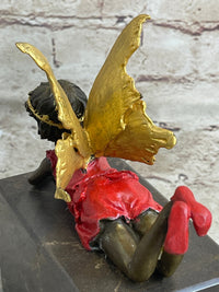 Colorful Resting Fairy Girl Bronze Metal Sculpture on Marble Base