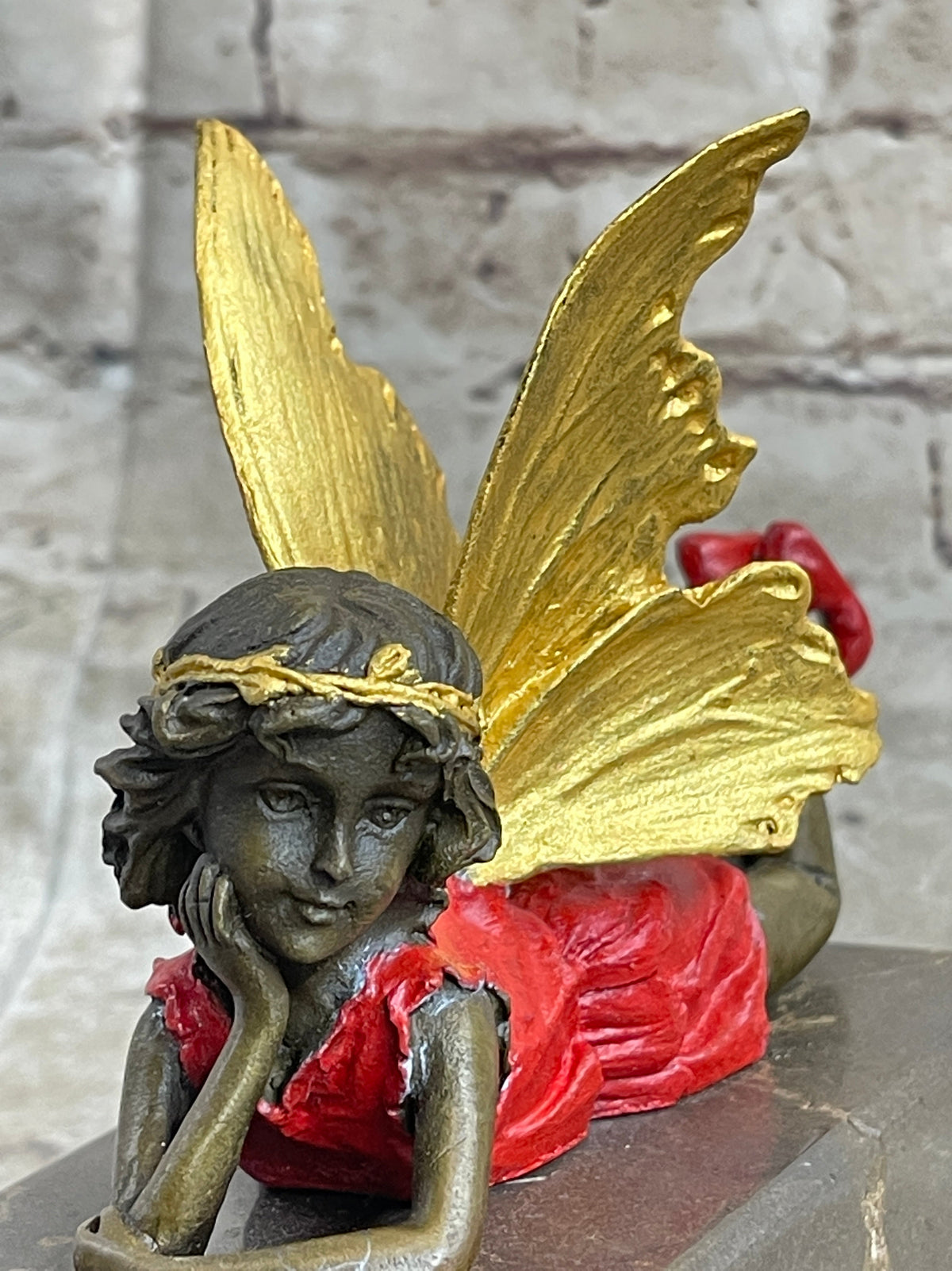 Colorful Resting Fairy Girl Bronze Metal Sculpture on Marble Base