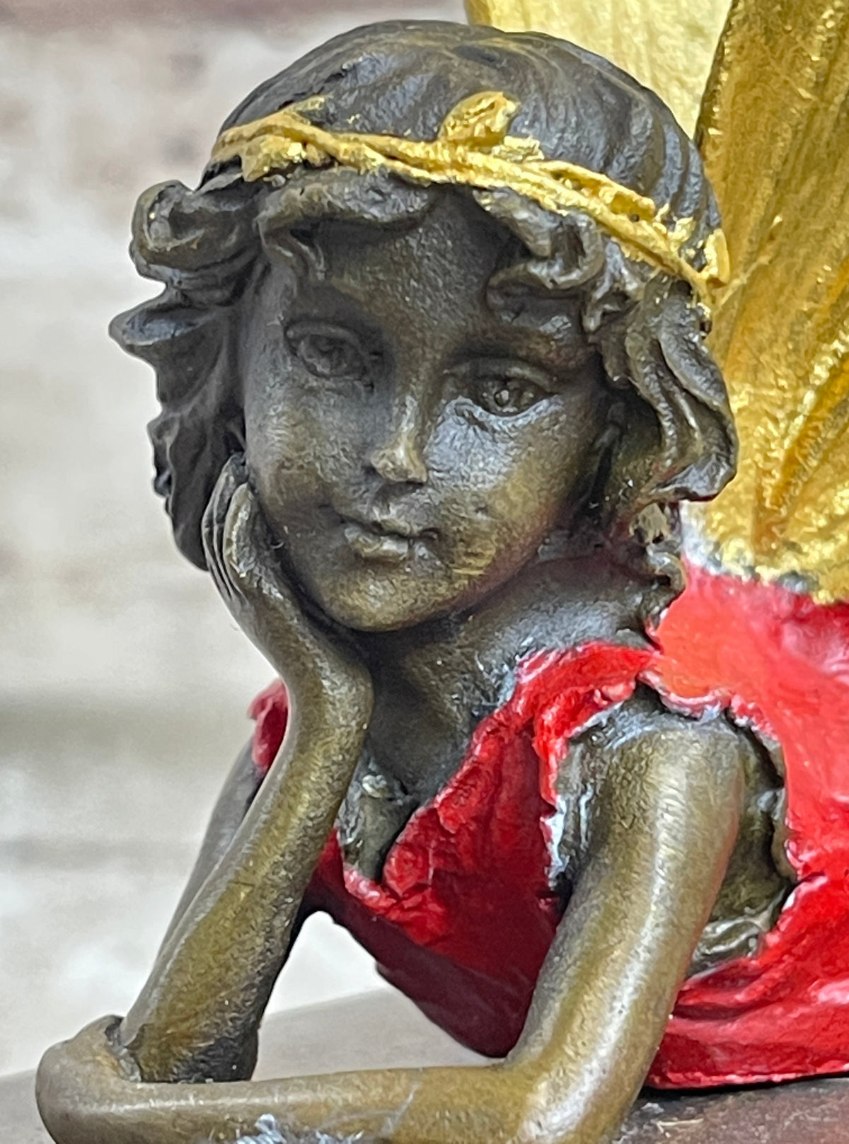 Colorful Resting Fairy Girl Bronze Metal Sculpture on Marble Base