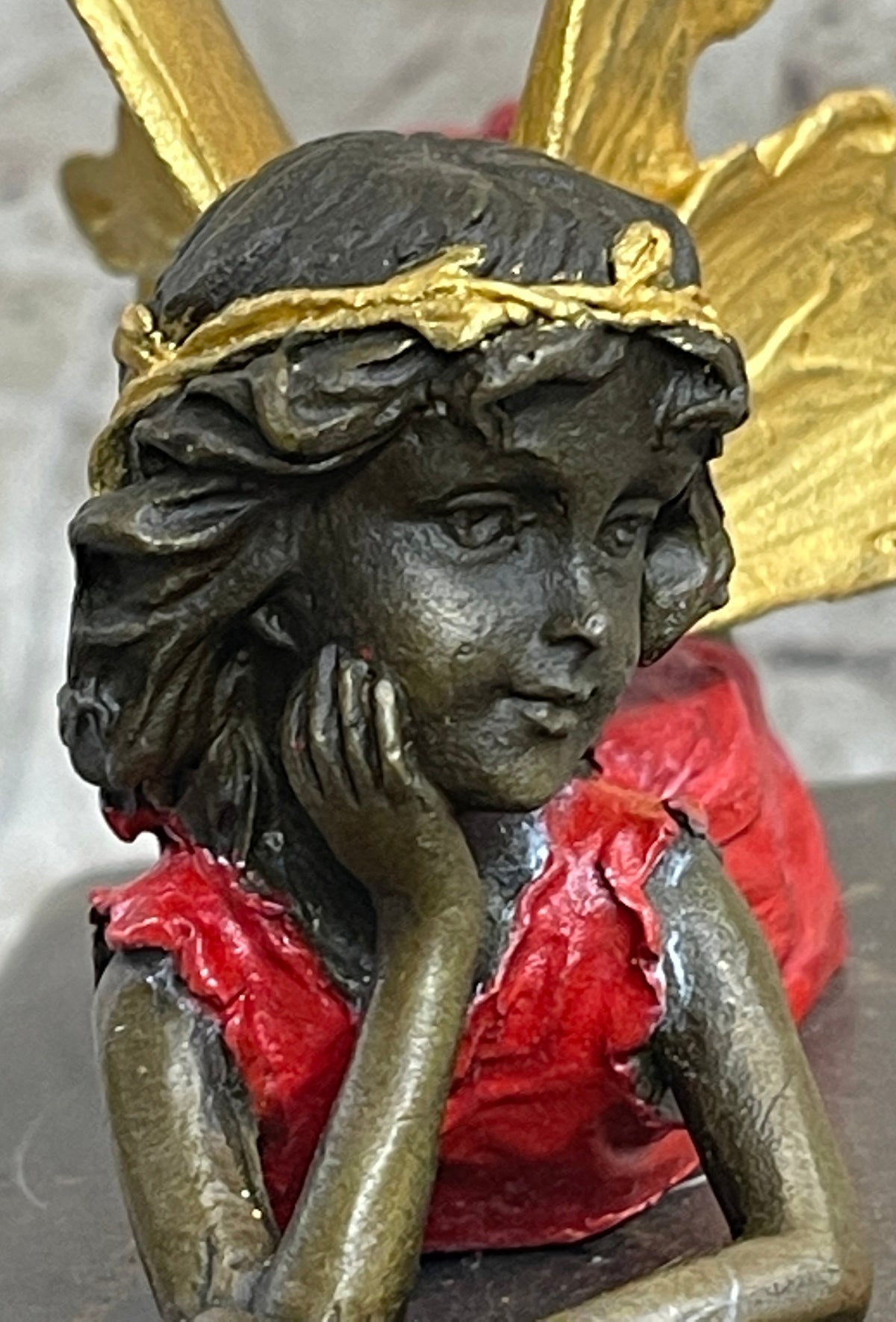 Colorful Resting Fairy Girl Bronze Metal Sculpture on Marble Base