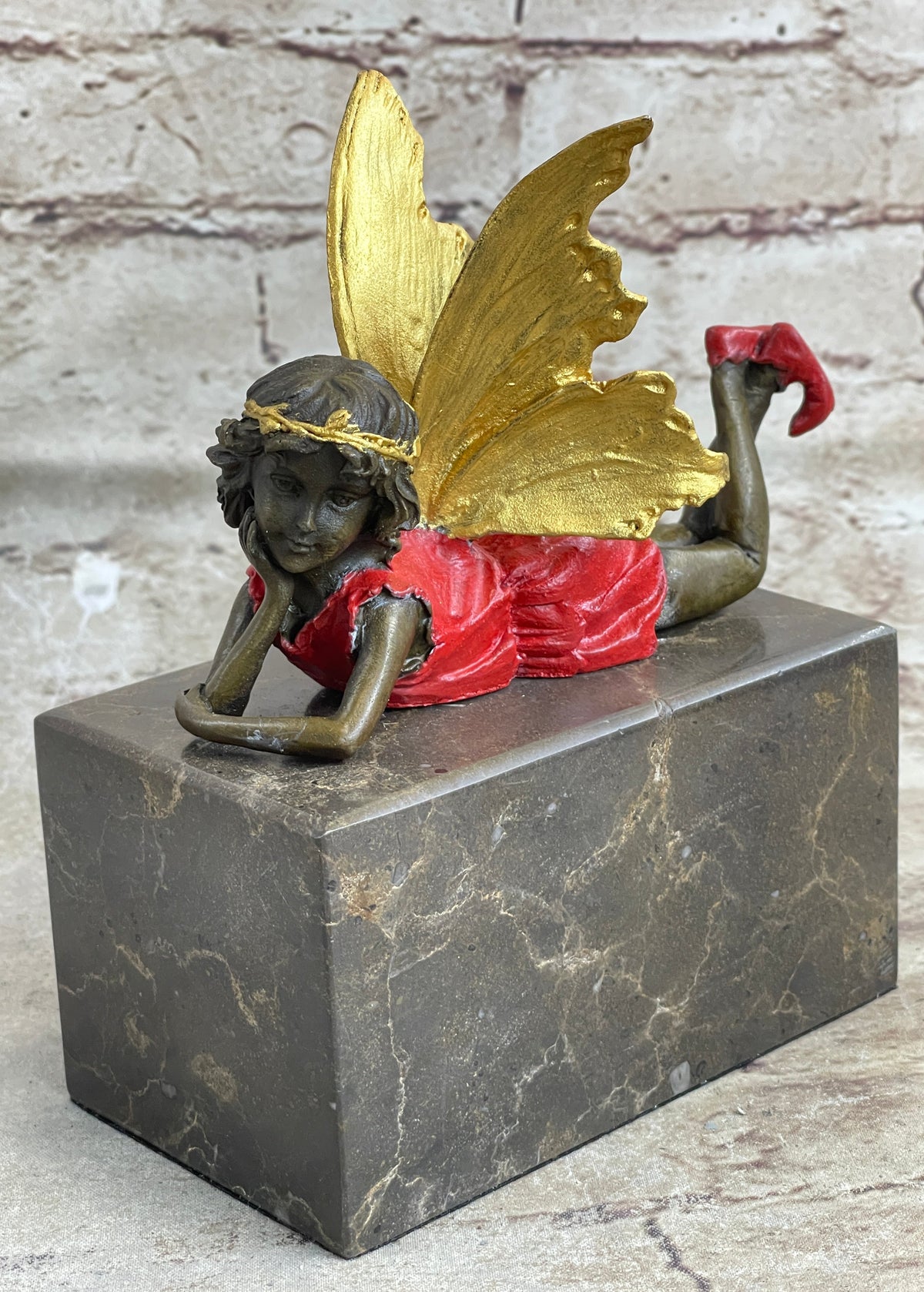 Colorful Resting Fairy Girl Bronze Metal Sculpture on Marble Base