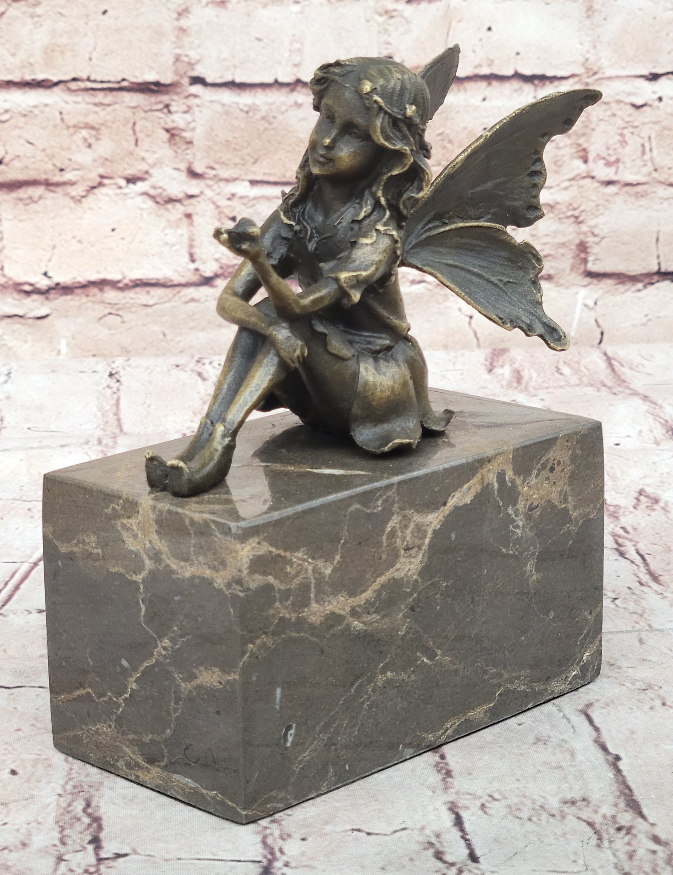 Young Fairy Girl Angel Winged Figure on Marble Base by Milo