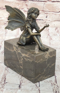 Young Fairy Girl Angel Winged Figure on Marble Base by Milo