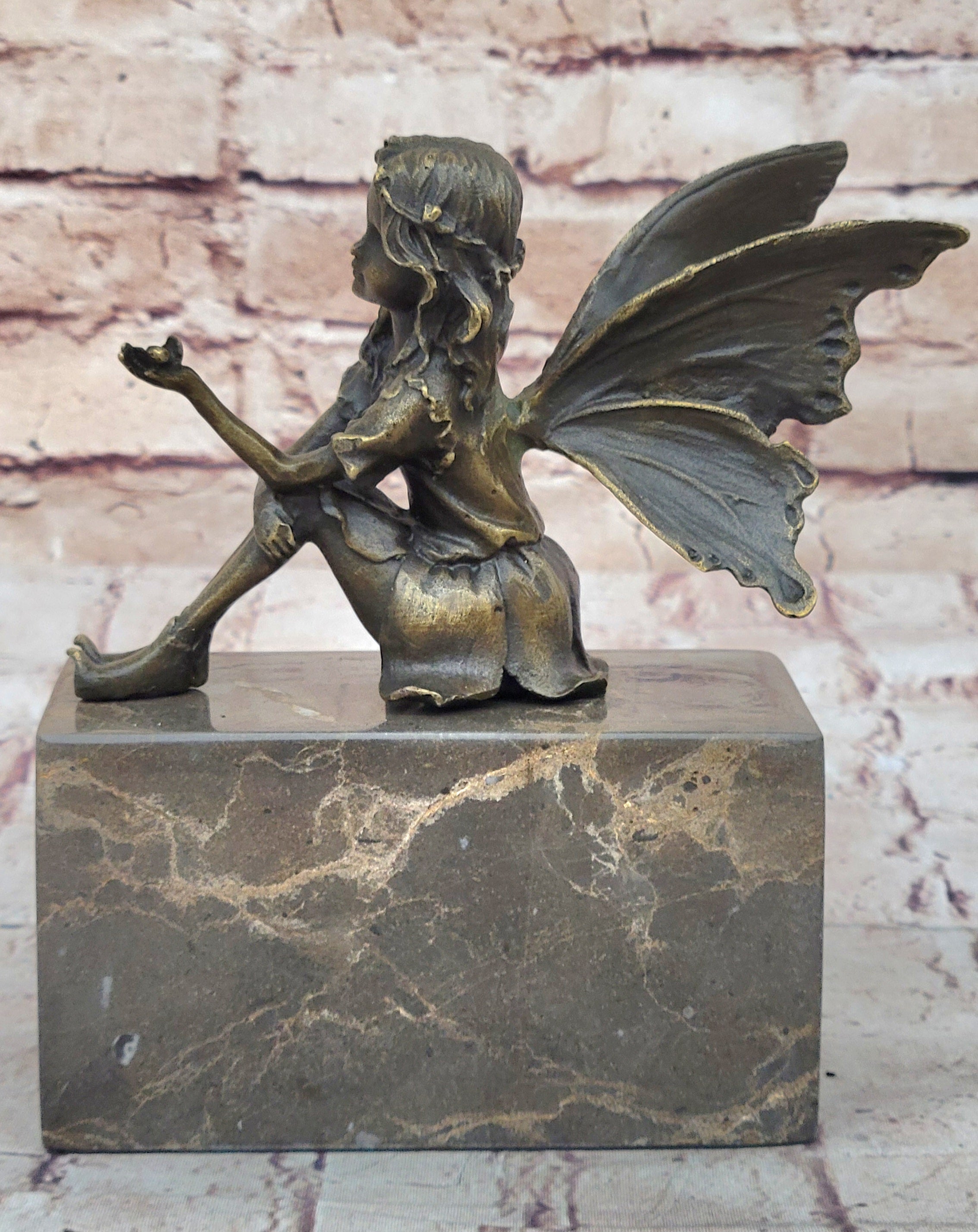 Young Fairy Girl Angel Winged Figure on Marble Base by Milo