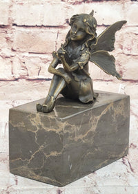 Young Fairy Girl Angel Winged Figure on Marble Base by Milo