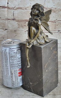Young Child Winged Fairy Angel Bronze Sculpture on Marble Base