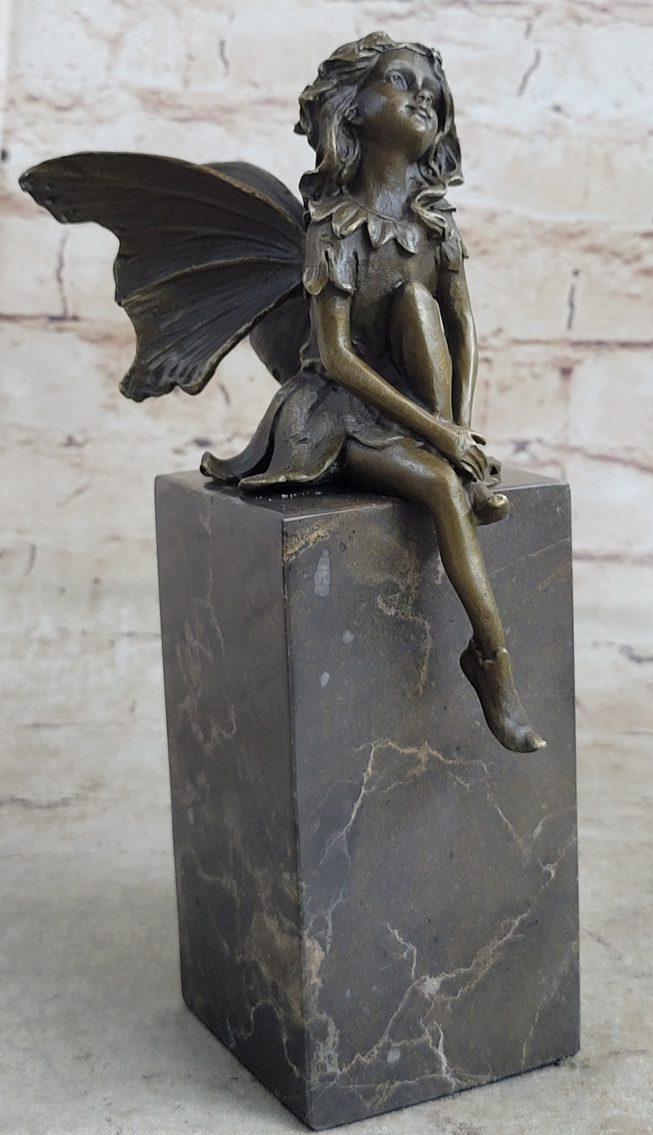 Young Child Winged Fairy Angel Bronze Sculpture on Marble Base