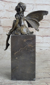 Young Child Winged Fairy Angel Bronze Sculpture on Marble Base