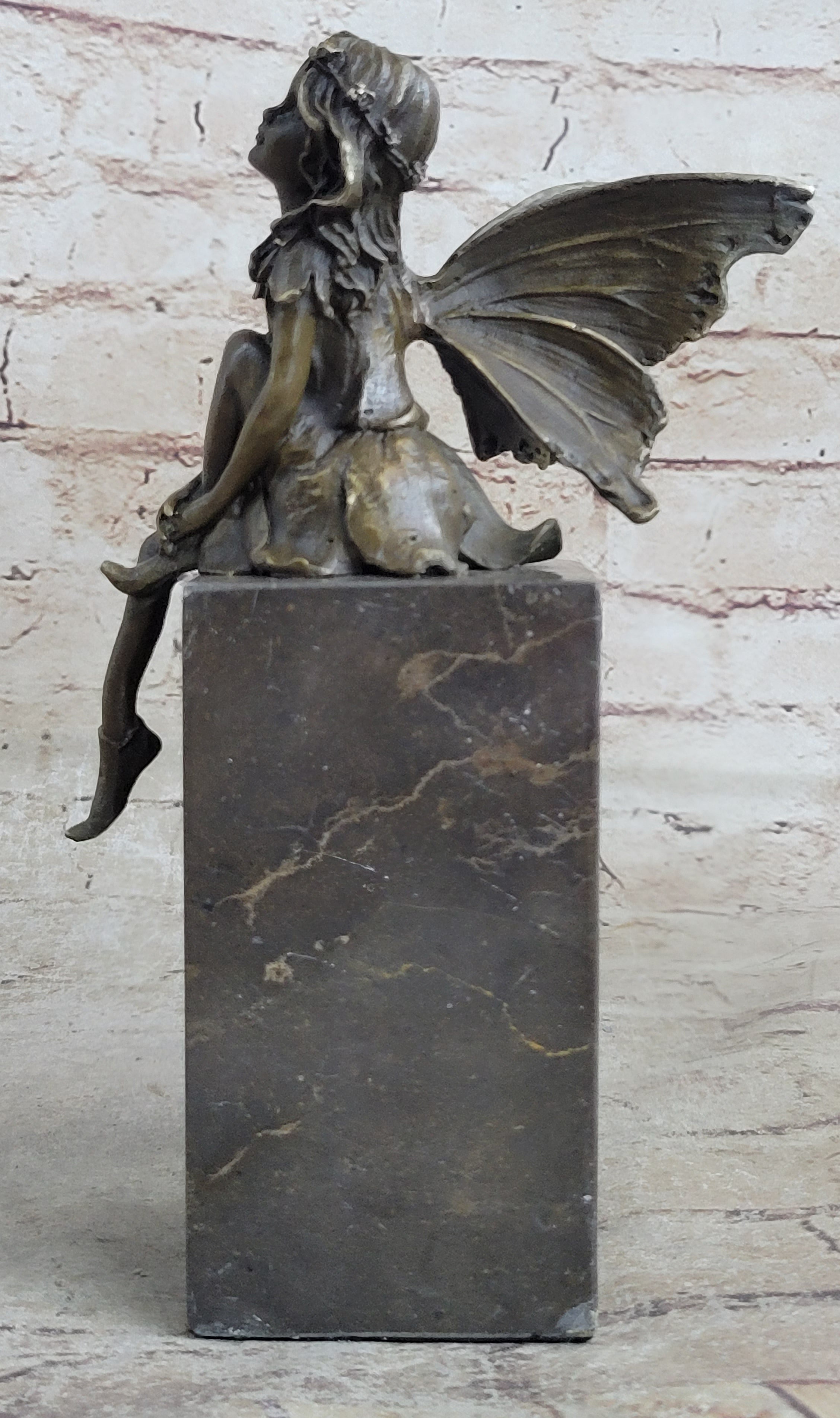 Young Child Winged Fairy Angel Bronze Sculpture on Marble Base