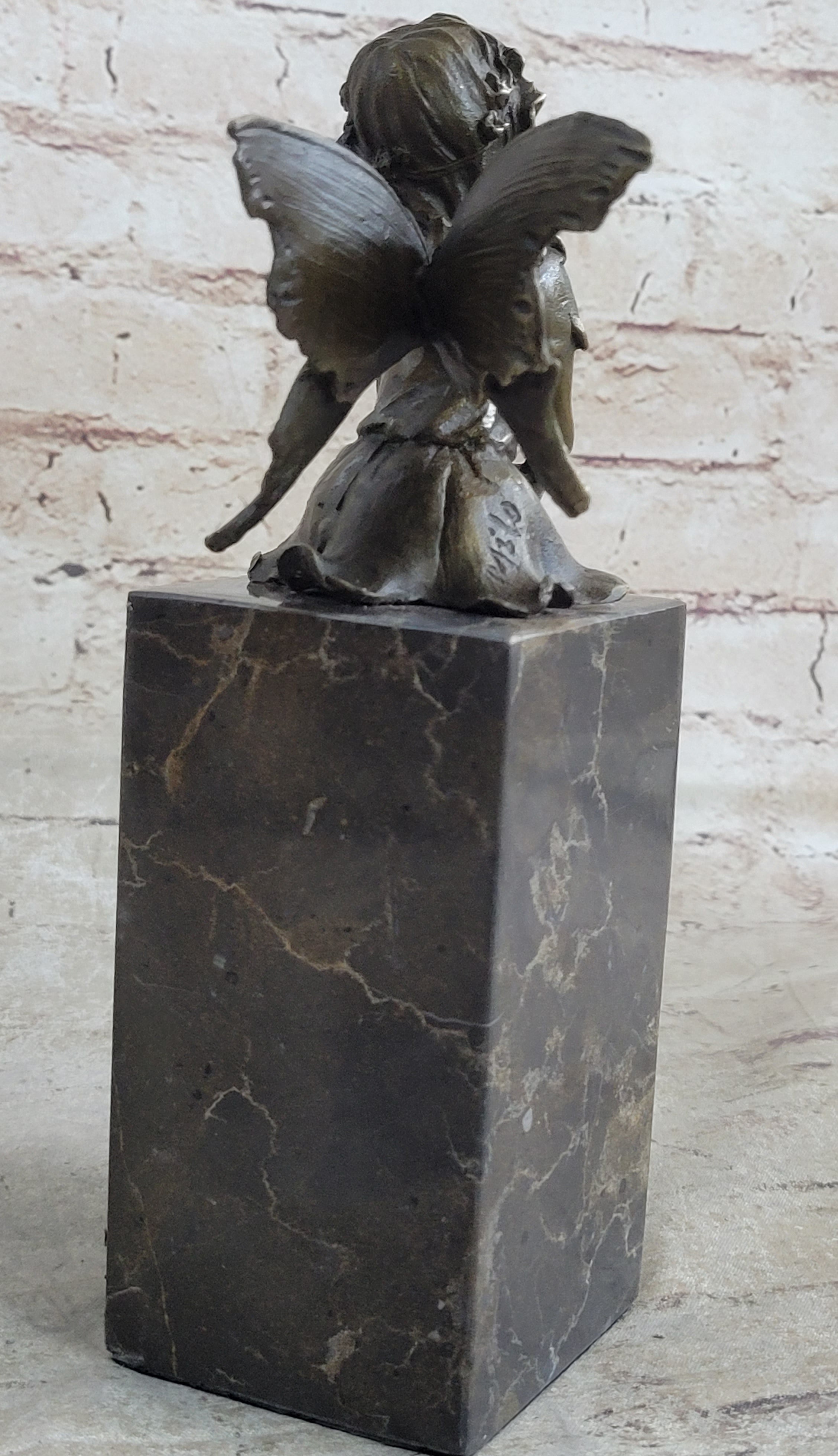 Young Child Winged Fairy Angel Bronze Sculpture on Marble Base