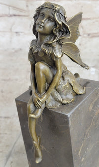 Young Child Winged Fairy Angel Bronze Sculpture on Marble Base