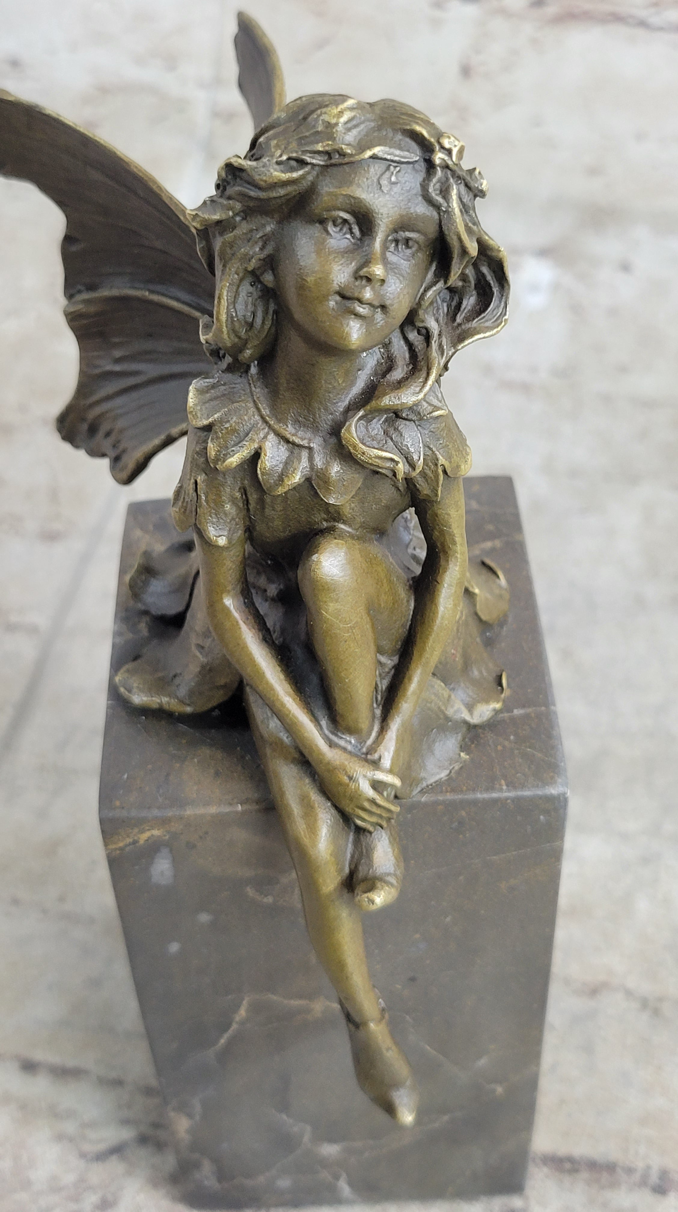 Young Child Winged Fairy Angel Bronze Sculpture on Marble Base