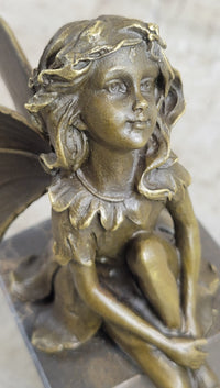 Young Child Winged Fairy Angel Bronze Sculpture on Marble Base
