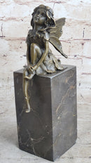 Young Child Winged Fairy Angel Bronze Sculpture on Marble Base