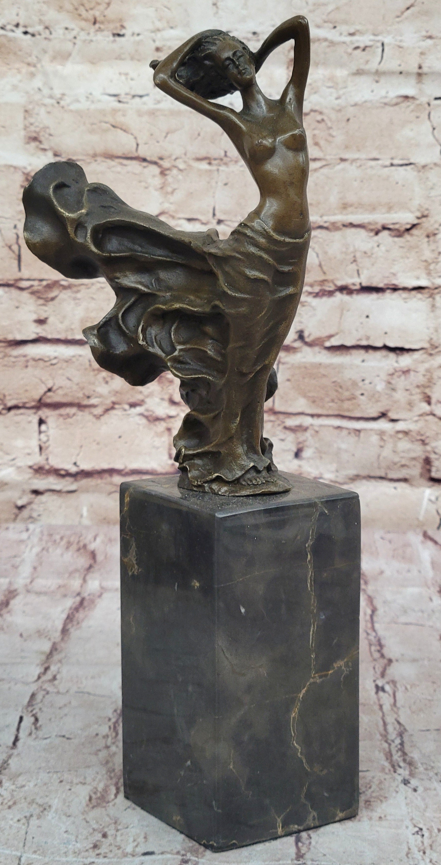 Nude Girl w/ Dress Blowing in the Wind Bronze Sculpture Statue Figure Signed Art