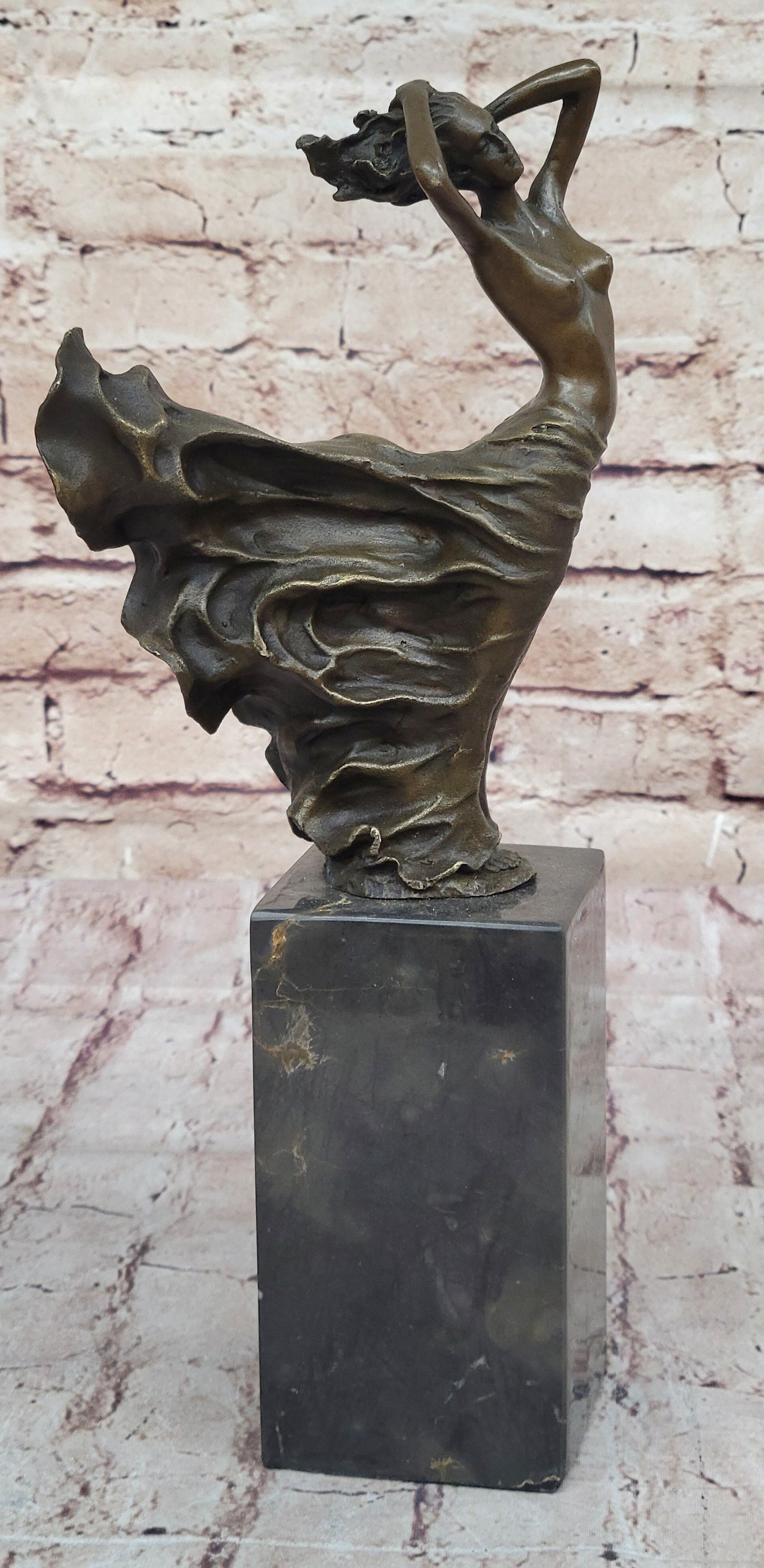 Nude Girl w/ Dress Blowing in the Wind Bronze Sculpture Statue Figure Signed Art