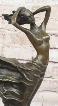 Nude Girl w/ Dress Blowing in the Wind Bronze Sculpture Statue Figure Signed Art