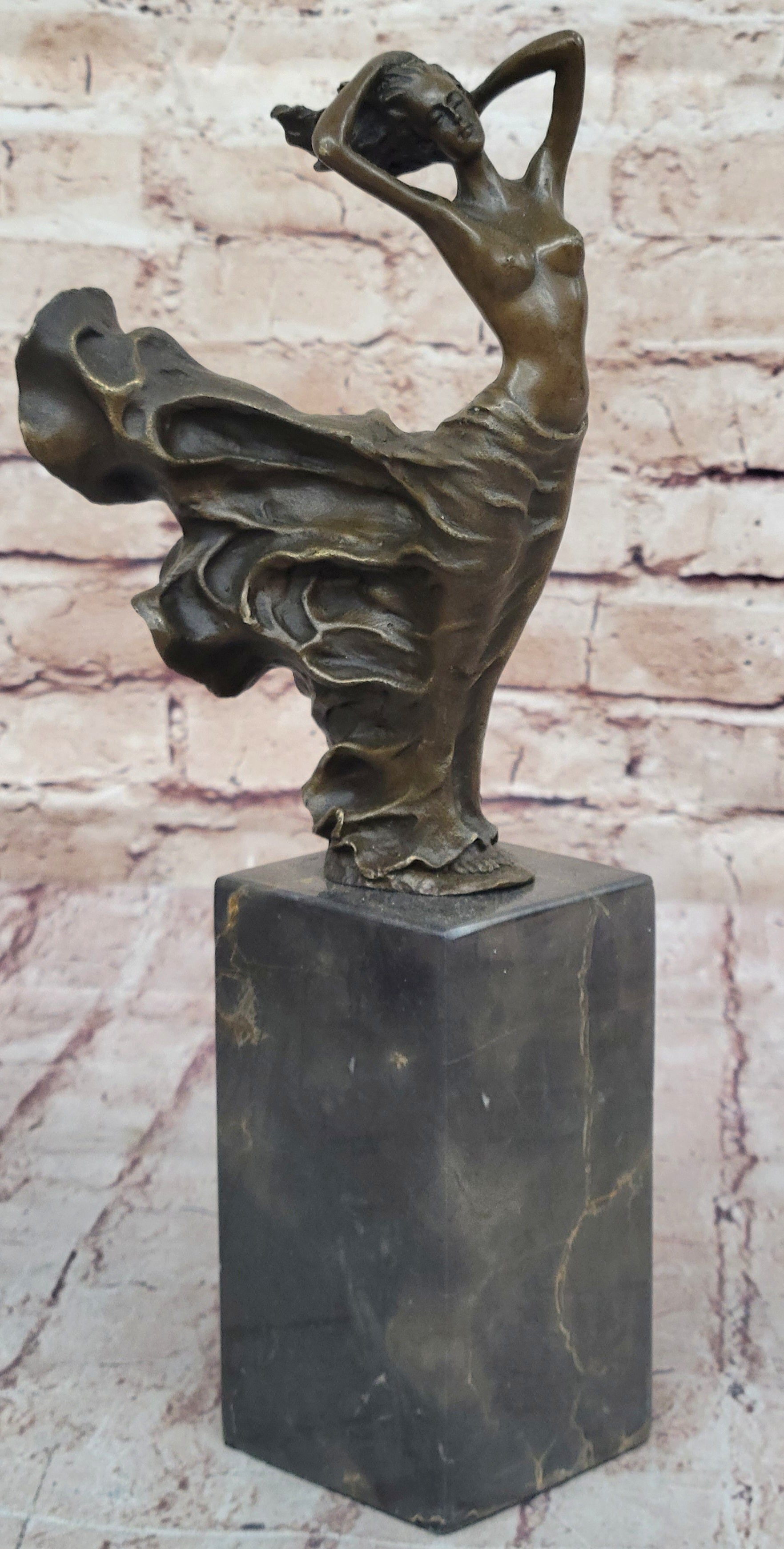Nude Girl w/ Dress Blowing in the Wind Bronze Sculpture Statue Figure Signed Art