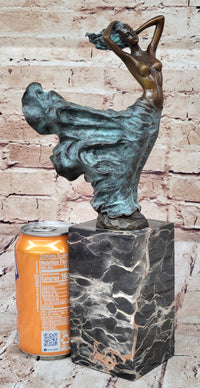 Semi Nude Woman with Skirt Blowing in the Wind - Green Patina Bronze Sculpture Figure
