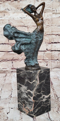 Semi Nude Woman with Skirt Blowing in the Wind - Green Patina Bronze Sculpture Figure