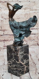 Semi Nude Woman with Skirt Blowing in the Wind - Green Patina Bronze Sculpture Figure