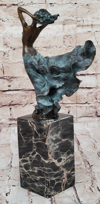Semi Nude Woman with Skirt Blowing in the Wind - Green Patina Bronze Sculpture Figure