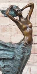 Semi Nude Woman with Skirt Blowing in the Wind - Green Patina Bronze Sculpture Figure