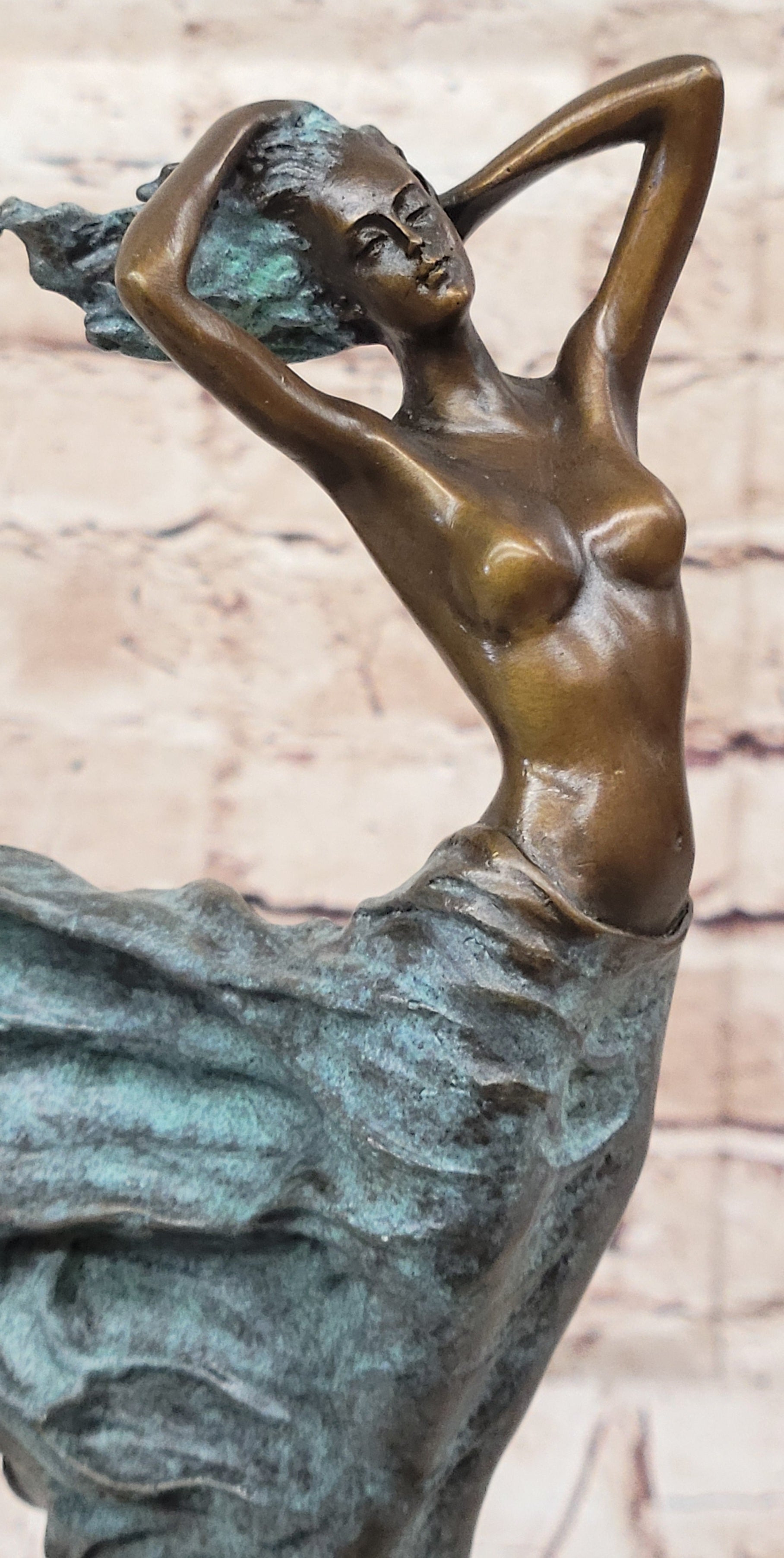 Semi Nude Woman with Skirt Blowing in the Wind - Green Patina Bronze Sculpture Figure