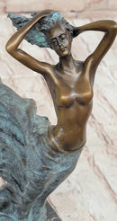 Semi Nude Woman with Skirt Blowing in the Wind - Green Patina Bronze Sculpture Figure